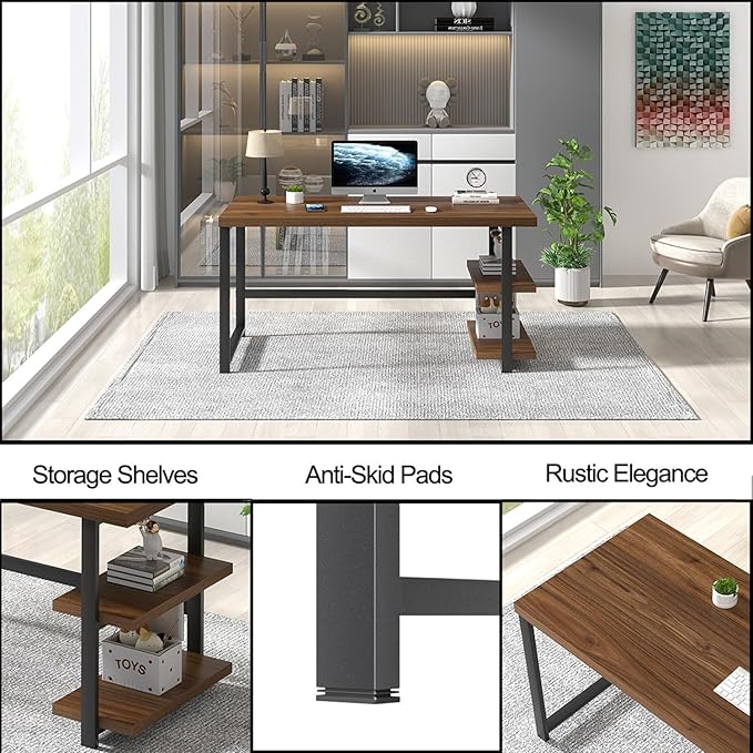 FOLUBAN Modern Computer Desk Wood Home Office Desk Study Writing Gaming Table Workstation with Storage Shelves for Living Room Bedroom Rustic Walnut 53 Inch