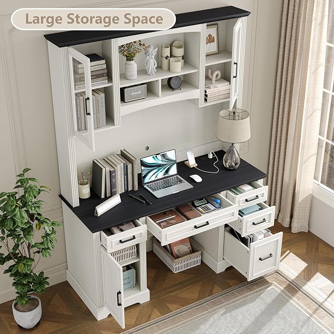 Furniouse Farmhouse 76 Height Executive Desk with Hutch Office Desk with Charging Station Drawers and Storage Cabinet Workstation for Office Home Black Tabletop Off White