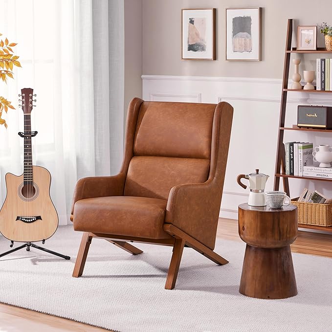 Yaheetech Accent Chairs Set of 2 Living Room Chairs Faux Leather Armchairs Thick Seat Cushion Oversized Recliner Chair High Backrest for Bedroom Office Reception Room Reading Nook Brown