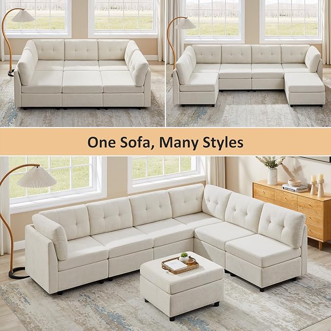 VANOMi 5 Seater Modular Sectional Sofa Convertible Modular Cloud Sofa Bed with Ottoman Comfy Chenille Sofas &amp Couches for Living Room Apartment Office White Sofa Bed