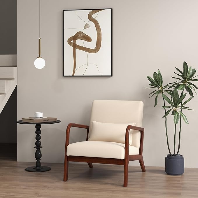 MAT EXPERT Mid Century Accent Chair Modern Sofa Armchair with Solid Wooden Frame Soft Padded Cushion &amp Linen Fabric Upholstered Living Room Reading Chair with Pillow for Bedroom Balcony