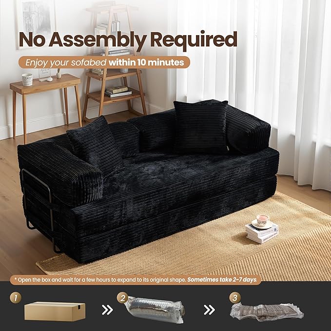 HOOOWOOO Convertible Folding Futon Sofa Bed4 in 1 Corduroy Sleeper Couch No Assembly80.5 Boneless Loveseat Lounge with Steel Frame Support for Living Room Bedroom Guest Room(Black)