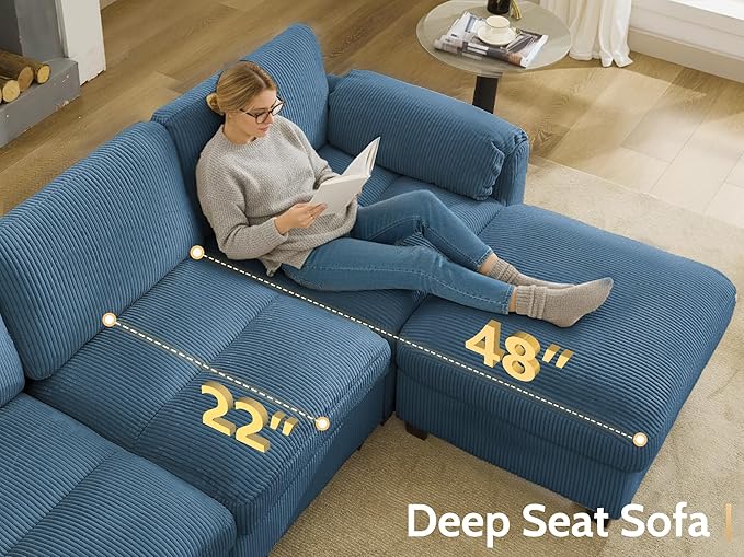 DRMBOOK 115'' U Shaped Modular Sectional Cloud Couch Comfy Corduroy 6 Seater Sofa with Curved Armrest Modern Deep Seat Modular Sofa for Living Room (Blue 5 Seat+1 Corner+1 Ottoman)