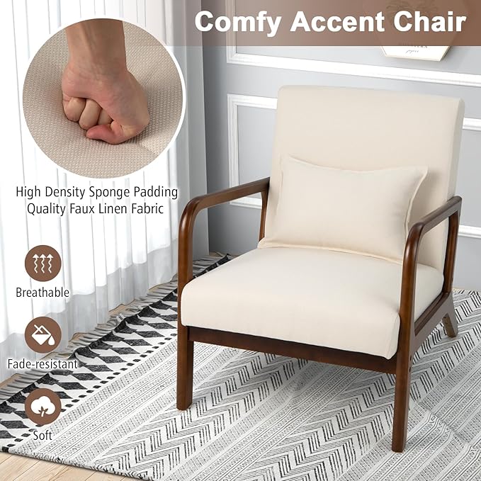 GORELAX Mid Century Modern Accent Chair Upholstered Lounge Armchair with Wood Frame &amp Lumbar Pillow Comfy Reading Chair for Living Room Bedroom Office (2 Beige)