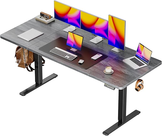 Huuger 63 x 28 Large Electric Standing Desk Height Adjustable Computer Desk 27.6 Deep Desktop Stand up Gaming Office Table with 2 Hooks 3 Preset Heights for Home Office Grey