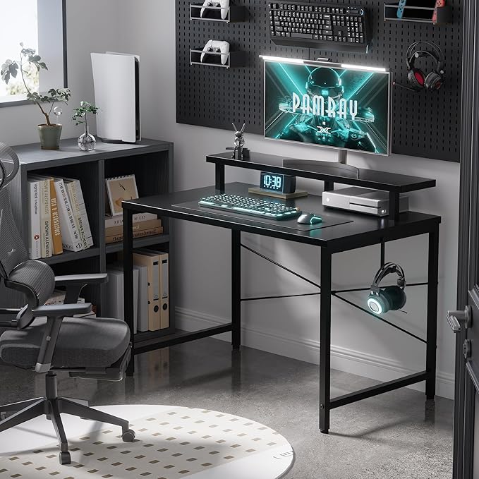Pamray 32 Inch Small Computer Desk with Monitor Stand Simple Office Desk with Headphone Hook for Small Spaces Kids Study Writing Table for Bedroom Black