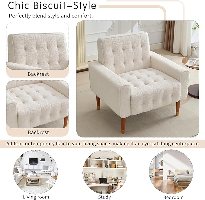 JOSHEN 33 Modern Accent ChairComfy Boucle Living Room Chairs with Solid Wood FrameLounge Reading ArmchairBeige