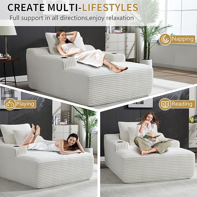 67inch Chaise Lounge Chair Indoor Upholstered Corduroy Couch with 2 PillowsComfy Fluffy Cloud CouchSingle Sleeper Sofa Chair for Livingroom (White 46.5W X 67D with Cup Holder)