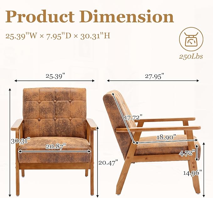 PU Leather Accent Chair Set of 2 Mid-Century Modern Armchair with Solid Wood Armrests Button-Tufted Comfortable Cushioned Reading Chairs for Living Room Bedroom (Coffee