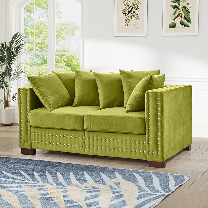 60.5W Loveseat Sofa Velvet Mid Century Modern Couch with Storage Upholstered Deep Seat Chesterfield Couch with Nailhead Trim &amp Pillows 2-Seat Comfy Sofa for Living Room Bedroom Apartment(Gre
