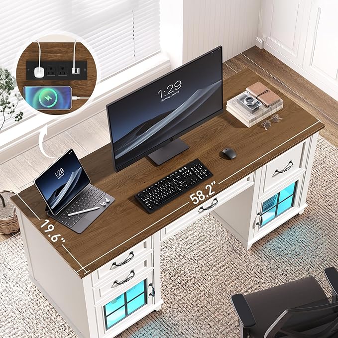58 Farmhouse Executive Desk with Drawers Wooden Executive Desk with File Drawer LED Light Storage Cabinet Computer Desk with Charging Station Home Office Desk for Work White Walnut