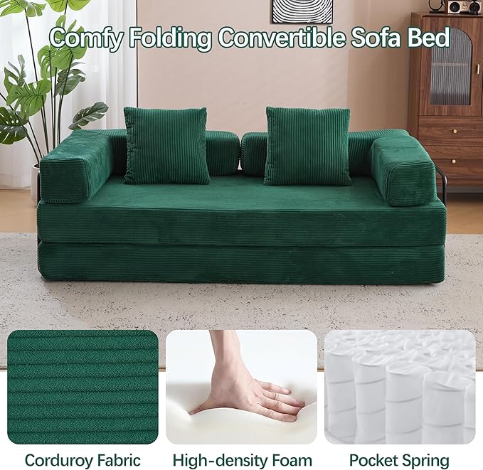 Folding Convertible Sofa Bed 4-in-1 Boneless Couch Sleeper Sofa 76.8'' Corduroy Foldable Mattress Couch with Fixed-Shape Frame Floor Sofas Modular Futon Couches for Living Room Dark Green