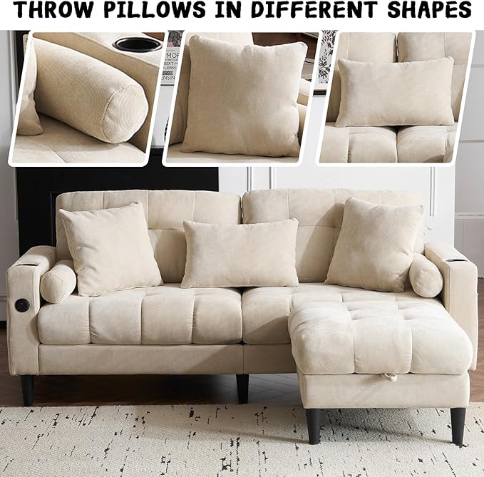 77 Beige L-Shaped Sofa with Storage Footrest Chenille Sofa with 2 Cup Holders and Charging Station for Small Spaces Comfortable Cloud Area 3 Sofa (Beige)