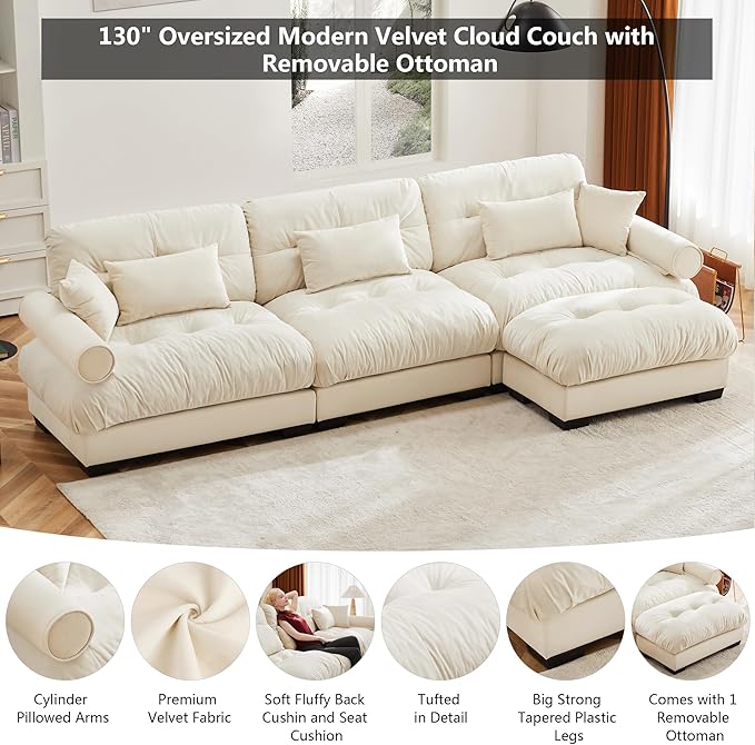 Aoowow Oversized 3 Seater Cloud Sofa Couch with Ottoman for Living RoomVelvet Large L-Shaped 3 Seat Cloud Sofas Deep SeatModern Modular Sectional Sleeper CouchesTufted