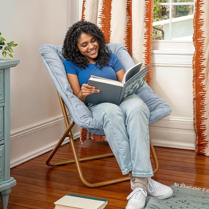 Flash Furniture Archer Saucer Chair with Folding Steel Frame Portable Oversized Saucer Chair for Dorm or Bedroom 28 Dusty Aqua Faux Fur/Soft Gold Frame