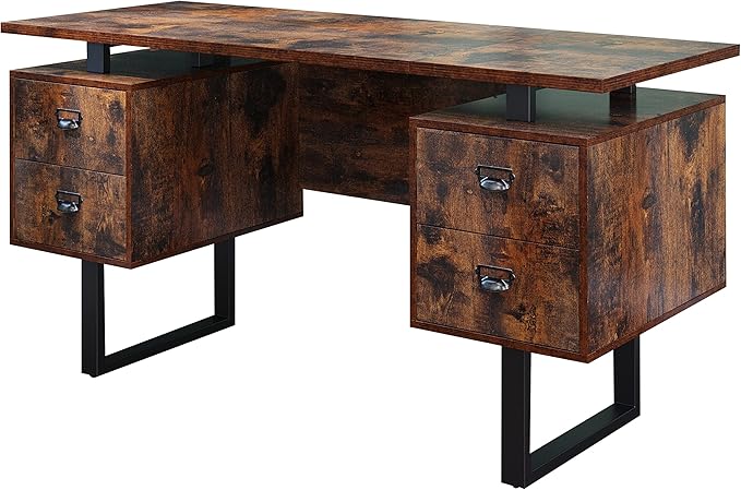 MODERION Computer Desk for Home Office with 4 Large Drawers Rustic Wood Writing Study Table with Metal Frame 59” x 21.7” x 29.5” Easy Assembly Vintage CTSZ20401RC