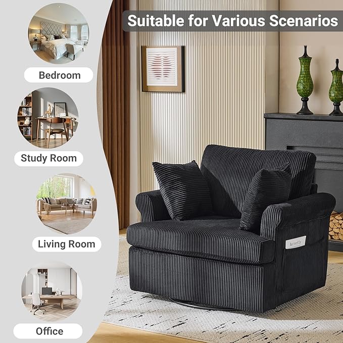 Karl home 39 Swivel Accent ChairOversized Seat Armchair W/2 Pillows and 4 PocketsModern Upholstered Corduroy Barrel ChairsComfy Single Sofa for Living RoomReadingBedroom and Office -Black