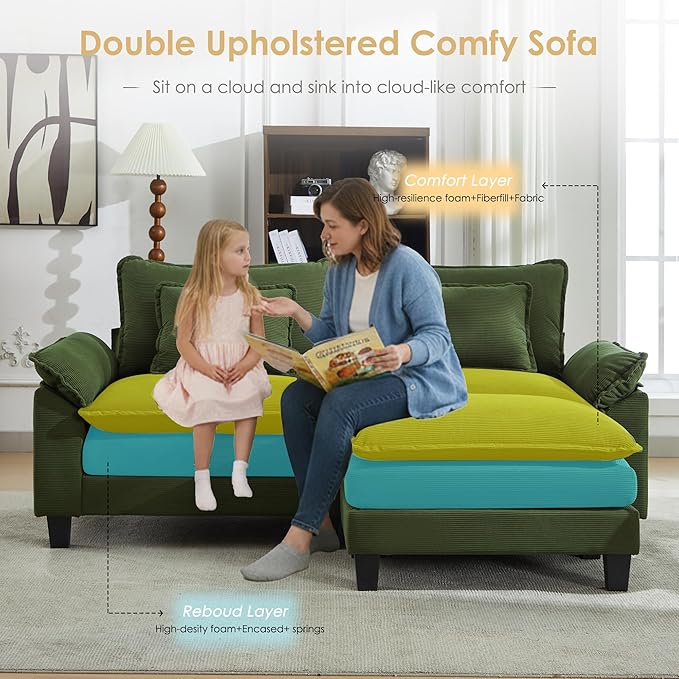 URRED Modular Cloud Couch Sectional Sofa 87 L Shaped Deep Seat Sofa with Ottoman &amp Pillows Ultra Comfy Corduroy Loveseat Sofa for Living Room Apartment or Bedroom Green | Corduroy Fabric