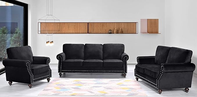 Lotus Mid Century Modern Velvet Upholstered Living Room Rolled Arms Chair 38 Black