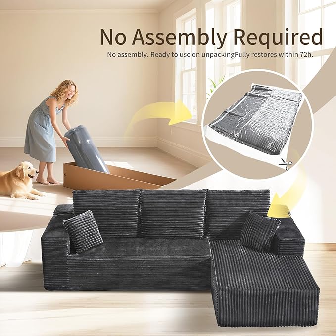 106'' Cloud Sectional Couch with L-Shape Chaise Boneless Modular Sofa with Deep Seat Modern Corduroy Couch for Living Room No Assembly Required. (Grey Right-Facing Chaise)