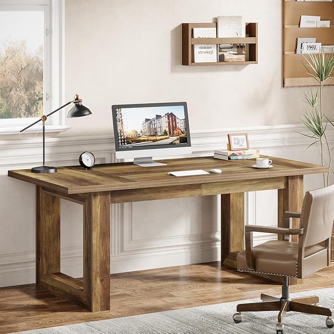Tribesigns 63-Inch Wood Executive Desk Modern Office Desk Large Computer Table with Solid Wooden Base Work Desk for Home Office (Brown)
