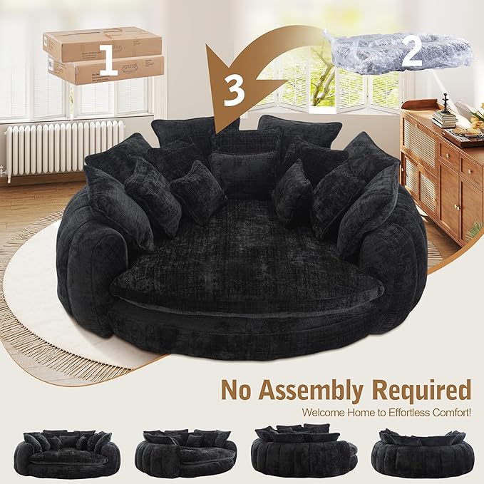 82'' Oversized Upholstered Sofa Bed Round Chaise Lounge Chair Indoor Modern Chenille Boneless Couch No Assembly Required Plush Sleeper Chair with 14 Pillows for Living Room Black