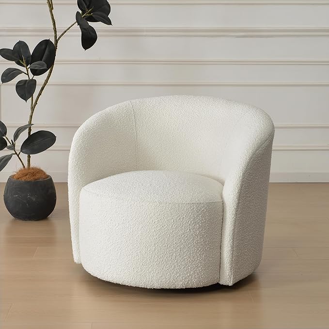 KINWELL 34 W Mid Century Modern Swivel Barrel Chair Round Upholstered Boucle Swivel Accent Chairs No Assembly Sofa Chair for Living Room Bedroom Reading Apartment Lounge Nursery(Cream)