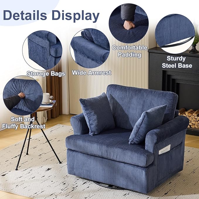 Karl home Swivel Accent Chair Set of 2 39 Oversized Armchair W/2 Pillows and 4 PocketsModern Corduroy Barrel ChairsComfy Single Sofa for Living RoomReadingBedroom and Office-Dark Blue