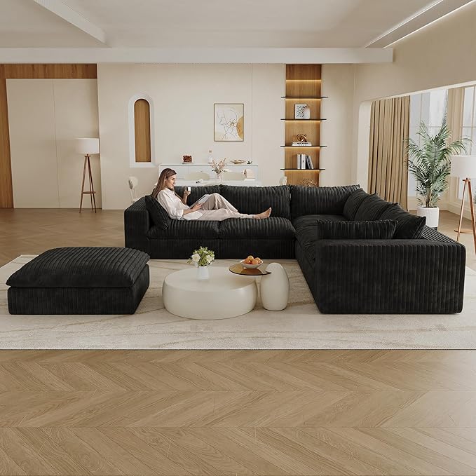 118.2 Modern V Shaped Corner Sofa Comfy Modular Sectional Cloud Couch with Plush Corduroy Fabric Deep Seat Upholstered Sofa Boneless Couches for Living Room No Assembly (Black + Ottoman)