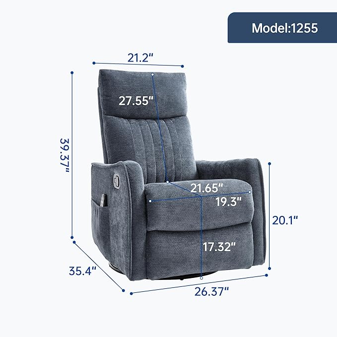 PELUMY 360 Swivel Rocking Recliner Chair for Adults Nursery Rocking Chair with Heat and Massage Glider Reclining Chair for Small Space Living Room Bedroom (Chenille Blue Grey)