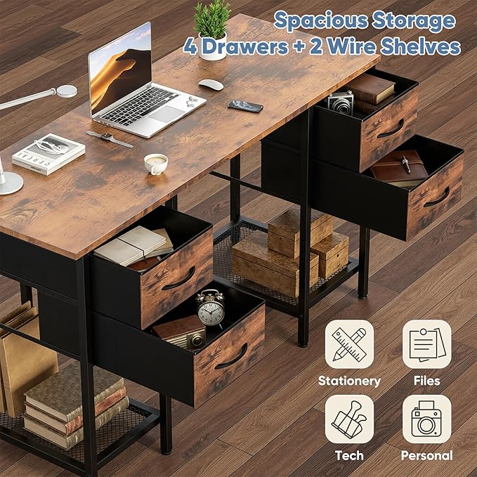 DUMOS Computer Desk 47 Inch with 4 Drawers Home Office Table with Mesh Shelf for Work Study Writing Gaming Storage Furniture for Bedroom Rustic Brown