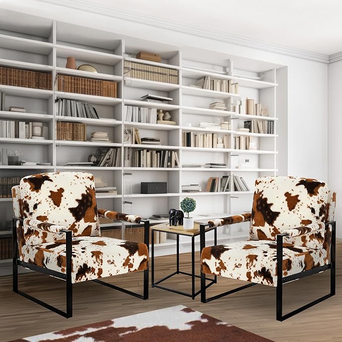 GIA Mid Century Modern Accent Chair Upholstered in Faux Fur Armchair with Black Metal Basefor Living Room Bedroom Home Office Set of 2 Brown Cow Print
