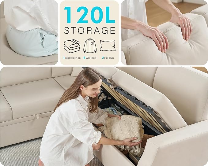 VanAcc Sofa Bed 85 Inch Sleeper Couch with Storage Seat L Shaped Sofa with Pull Out Sofa Bed Sectional Couches for Living Room Apartment Beige Linen Couch Sofa