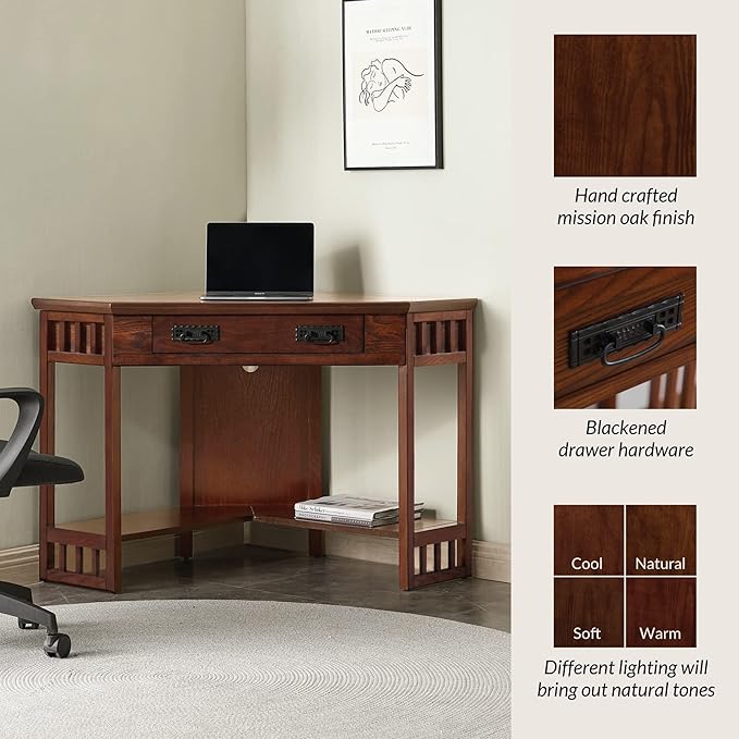 BOWERY HILL Home Office Corner Computer and Writing Desk in Mission Oak with Dropfront Drawer for Laptop and Keyboard