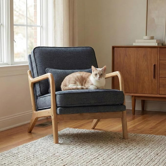 Modern Accent Chair Mid Century Wooden Upholstered Armchair with Lumbar Pillow &amp Removable Soft Cushion Reading Chair for Living Room Bedroom BalconyCoffee(Beige/Blue/Green/Grey)