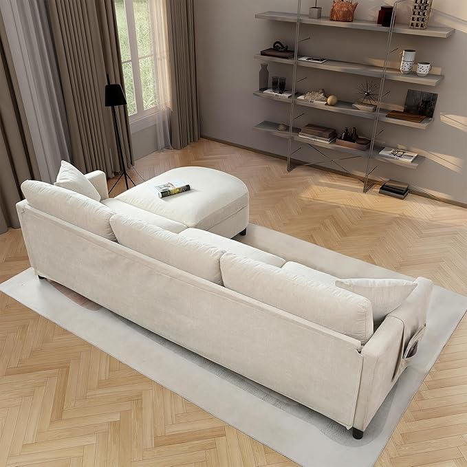kevinplus 107.87'' Sectional Sofa Couch with Curved Convertible Ottoman for Living Room Modern 3-Seat L-Shaped Upholstered Sectional Couch Sofa for Apartment Polyester Fabric Beige