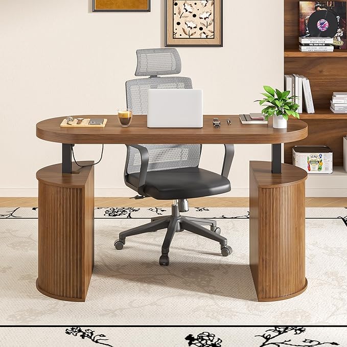 Mid Century Modern Electric Standing Desk with Storage 55 x 22 Inch Small Sit Stand Up Desk Wood Adjustable Height Computer Executive Desk for Home Office Laptop Walnut