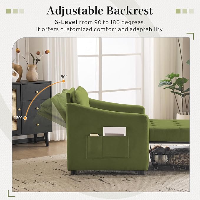 Bezseller Convertible Sofa Bed Chair 3-in-1 Sleeper Chair with Storage Drawer Pull Out Couch with Side Pocket Pillow and Adjustable Backrest for Small Spaces Living Room Green