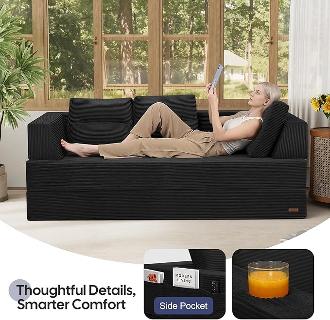 COMAX Futon Sofa Bed Queen 79 Convertible Sofa Bed Couches for Living Room 4 in 1 Folding Boneless Sleeper Corduroy Couch Loveseat Foam In a Box Comfy Foldable Lounge Fold Out Floor Mattress Black