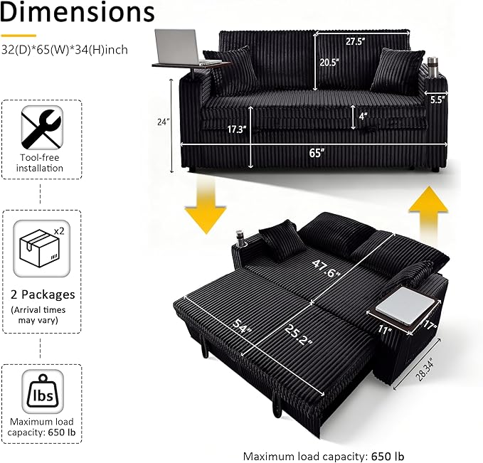65in Sleeper Sofa Bed Convertible Pull Out Couch with Small Table| USB Port | Cup Holder | Corduroy Fabric | Adjustable Backrest for Apartment Office Bedroom Guest Room (Black)