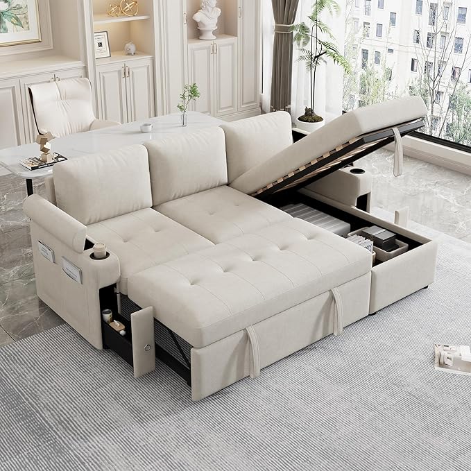 Merax Modern 83.5 L-Shaped Sectional Sofa with Pull-Out Sleeper Bed USB Ports &amp Cup Holders Chenille 3-Seat Couch with Storage Chaise Lounge Side Pocket &amp Drawers for Living Room Beige