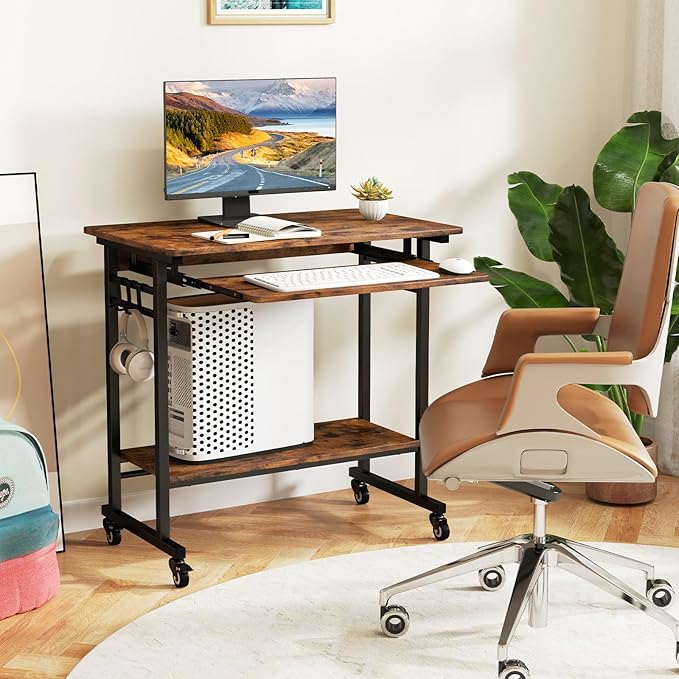 NAFORT Mobile Computer Desk with Lockable Wheels Home Office Writing Table with CPU Stand Compact Laptop Cart with Pull-Out Keyboard Tray Laptop PC Workstation for Small Spaces Rustic Brown