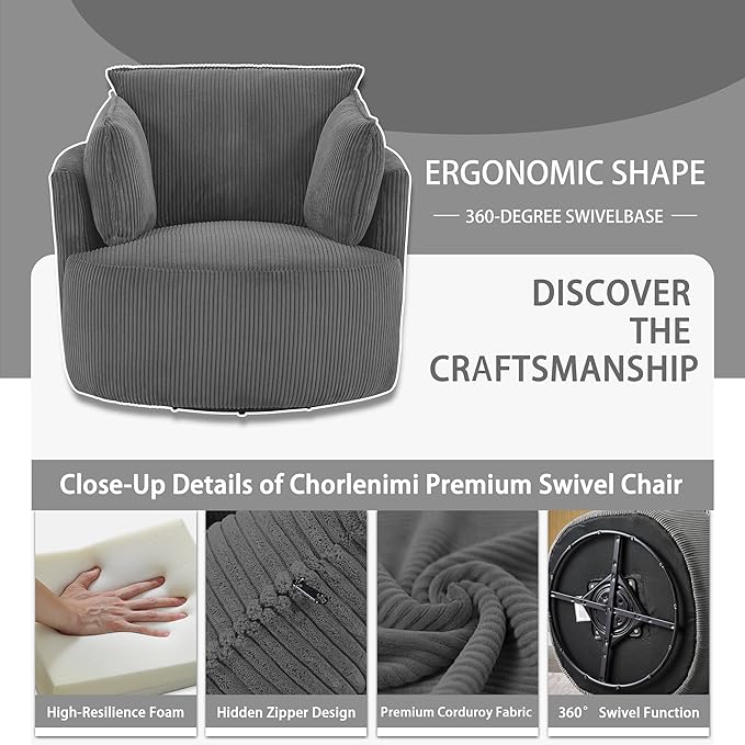 Swivel Accent ChairModern Accent Chairs for BedroomLiving Room Chair ComfyCorduroy Arm Chair360°Swivel Barrel Chairs for Living Room(1 Dark Gray)
