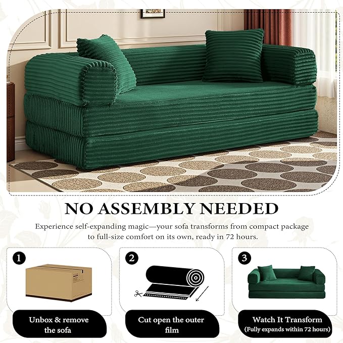 Boneless Couch Versatile Couches for Living Room No-Install Sofa Bed Corduroy Futon Soft Cloud Couch with Pillows for Bedroom Game Movie (Green)