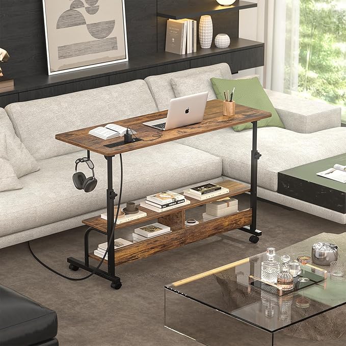 Armocity Rolling Standing Desk with Power Outlets 47 Manual Height Adjustable Mobile Computer Desk with Wheels Portable Sit Stand Laptop Couch Table for Bed &amp Sofa Home Office Rustic Brown