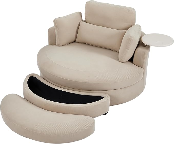 DEINPPA Swivel Accent Chair with Armrest Tray Round Barrel Chairs with Ottoman for Living Room Bedroom-Corduroy Fabric-Beige
