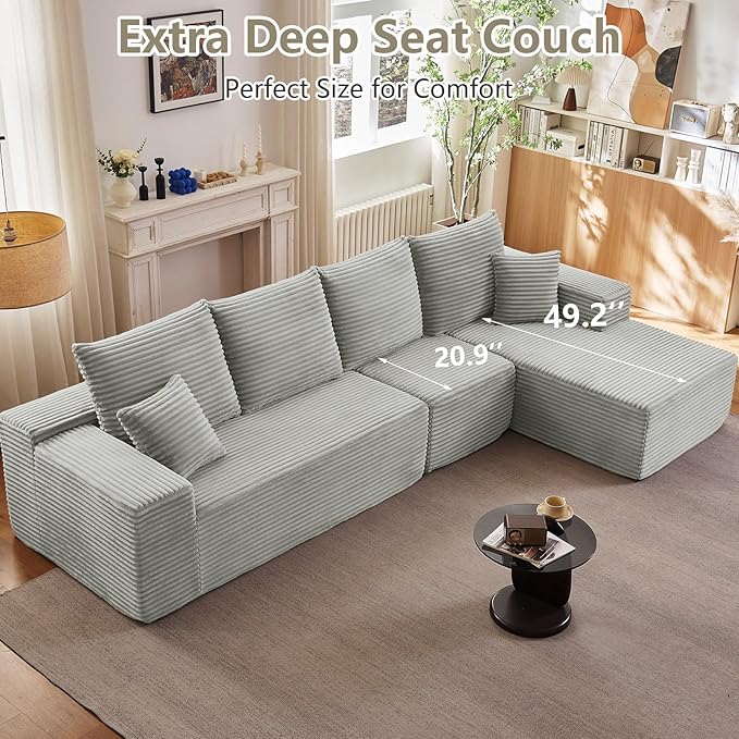 135 Cloud Sectional Couch with L-Shape Chaise Modern Modular Comfy Sofa Chaise Longue Upholstered Corduroy Couches Sleeper with Deep Seat for Living Room Bedroom No Assembly Required Grey