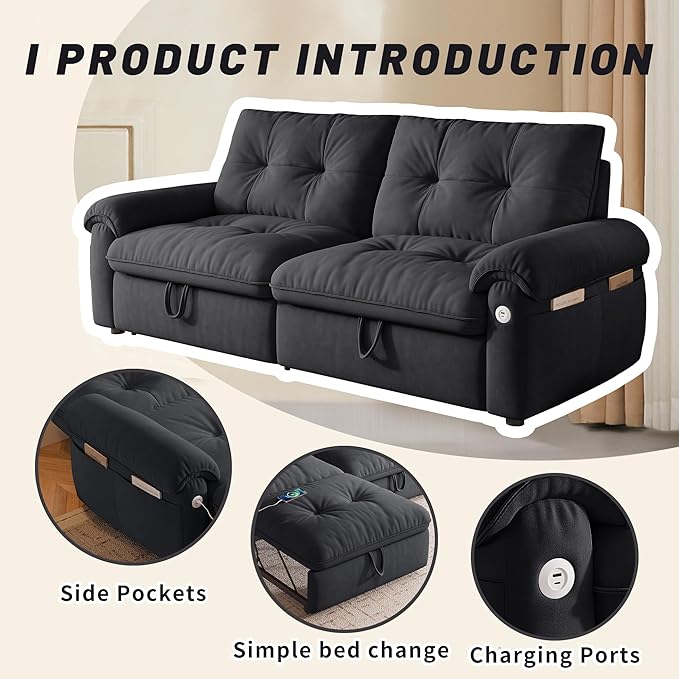 77 Queen Size Sleeper Sofa Bed Convertible Pull Out Couch with Velvet Fabric 3-in-1 Loveseat L Shaped Couch Bed with Adjustable Backrest Side Pocket &amp USB Ports for Living Room Apartment