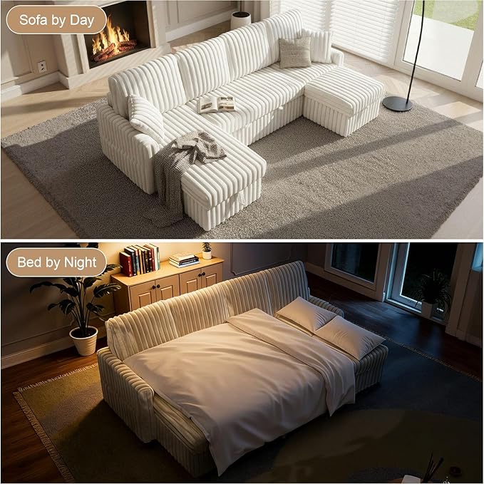 104 U Shaped Sleeper Sofa Bed Sectional Couches for Living Room Plush Corduroy Pull Out Couch Bed with Storage Modular Sectional Couch with Charging Station Cup Holder Side Pocket Beige
