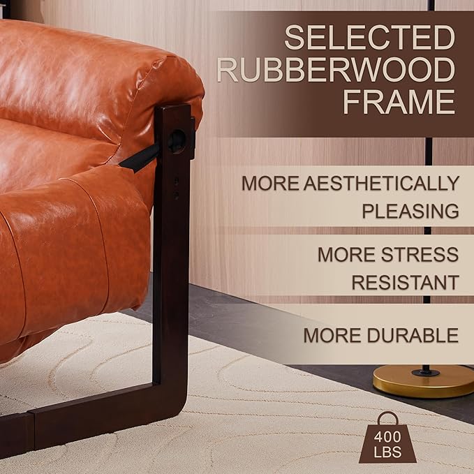 KEIKI Cloud Chair for Living Room Vintage Oil Wax Leather Single Sofa Chair with Removable Cushion – Retro Orange